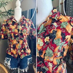 Vintage Handmade Halloween Whimsical Pumpkin Black Cat Frog Button Up Shirt